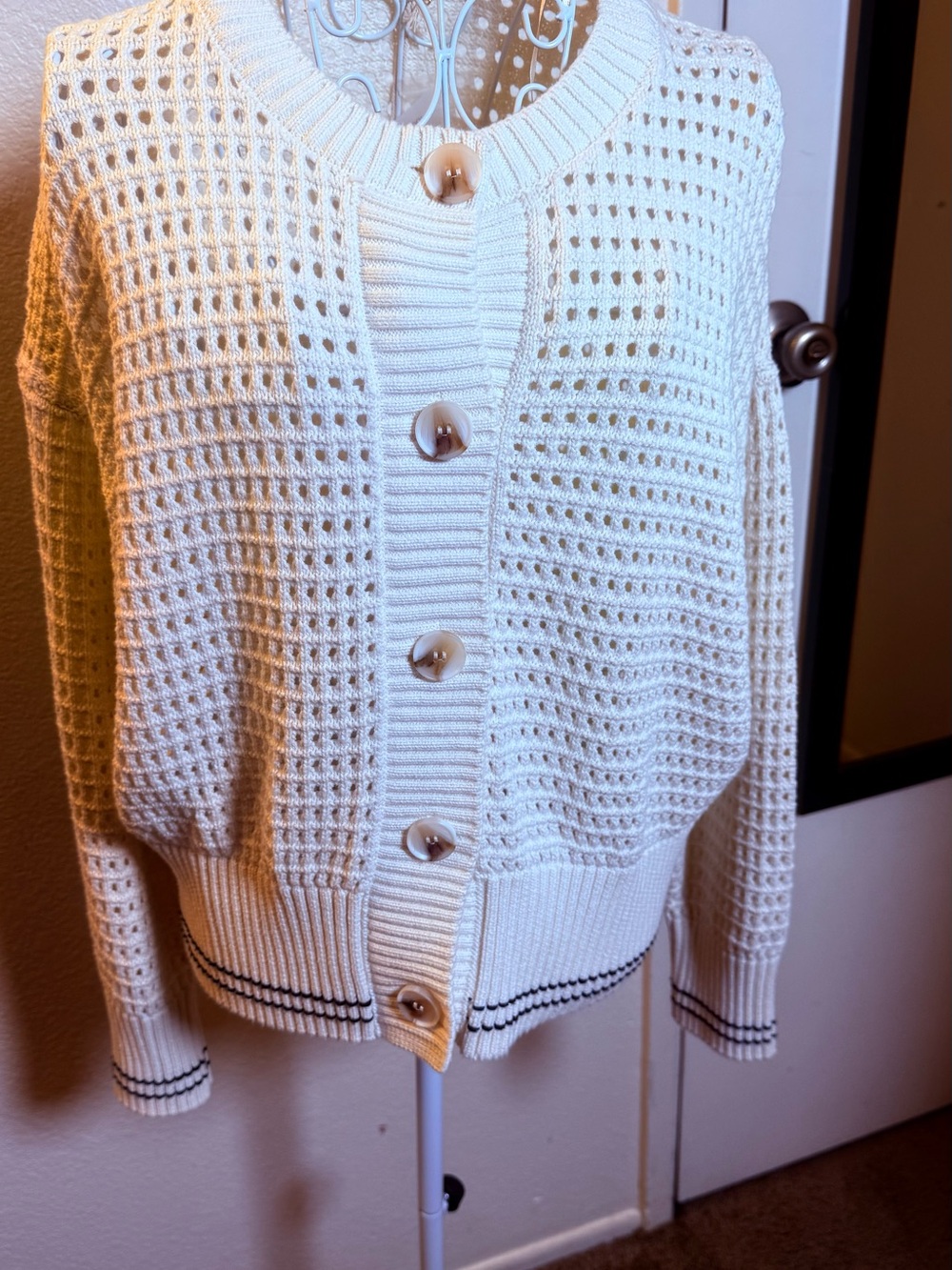 Magaschoni Cream Open-Weave Button Front Cardigan with Contrast Trim